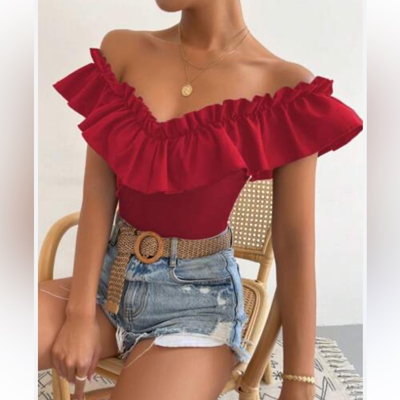 Tops | Red Off The Shoulder Ruffle Blouse | Poshmark
